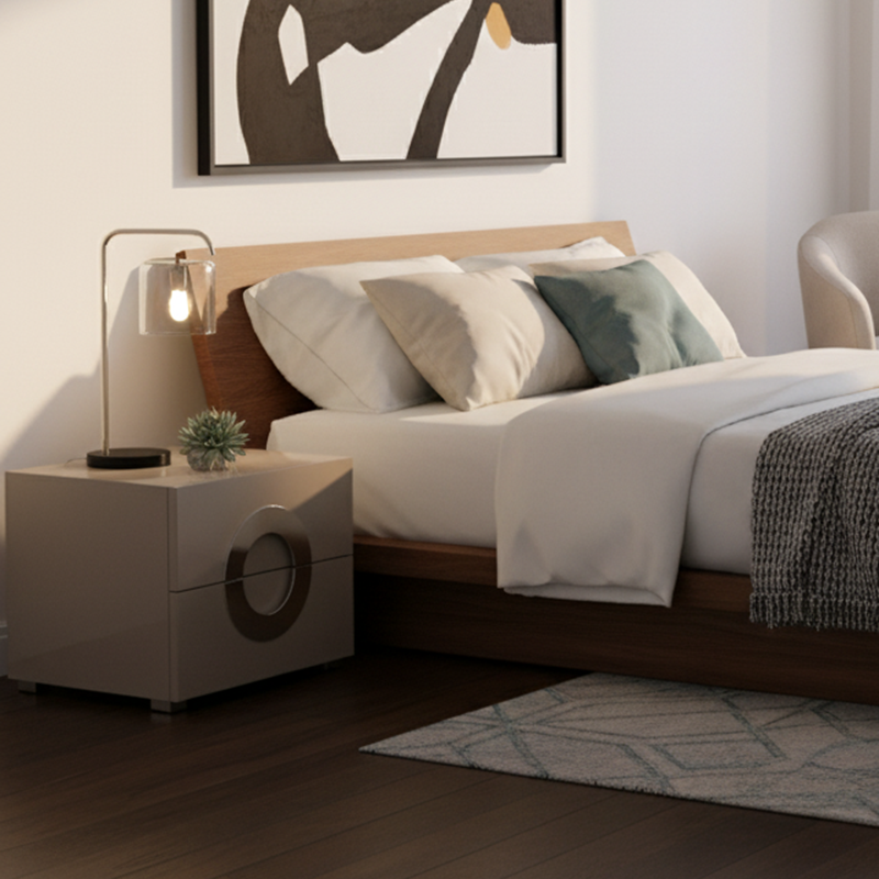 Modern Minimalist High-Gloss Unique Round Handle Bedside Cabinet - 2 Drawers Nightstand For Bedroom