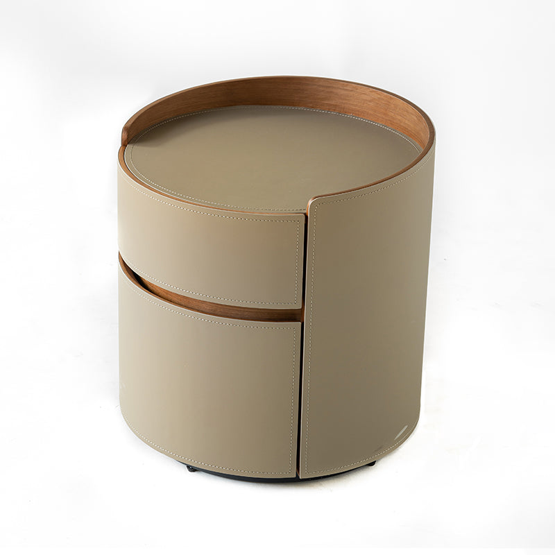 Traditional Chinese Faux Saddle Leather Round Bedside Table - 2 Drawers Nightstand For Bedroom