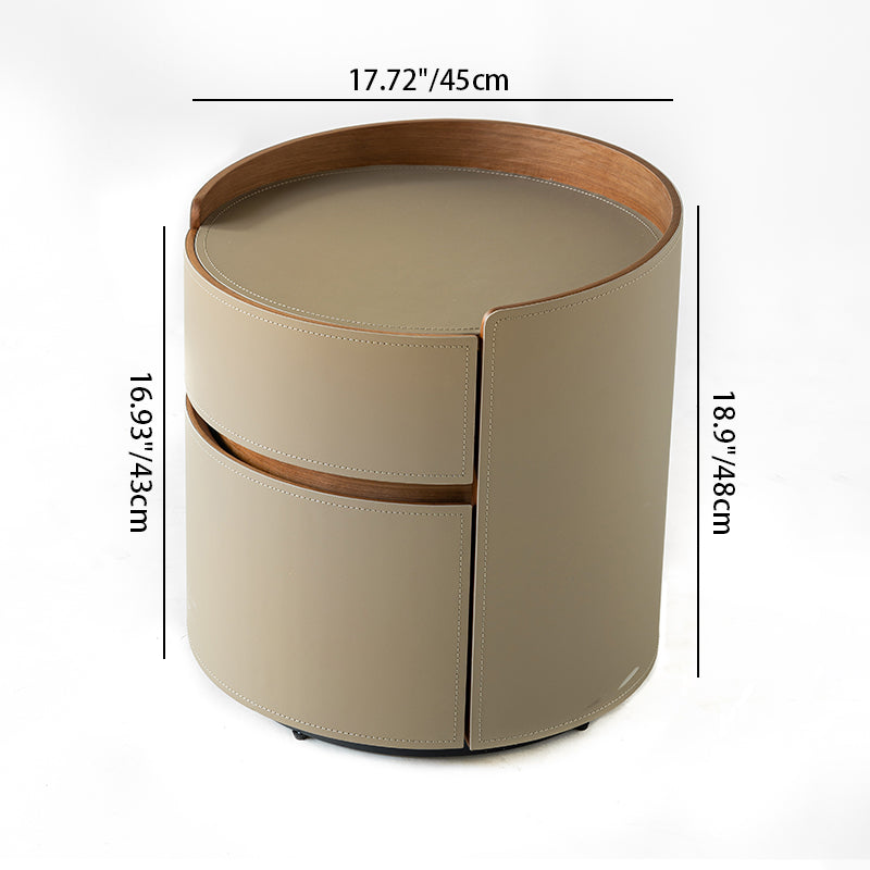 Traditional Chinese Faux Saddle Leather Round Bedside Table - 2 Drawers Nightstand For Bedroom