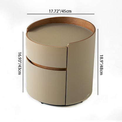 Traditional Chinese Faux Saddle Leather Round Bedside Table - 2 Drawers Nightstand For Bedroom