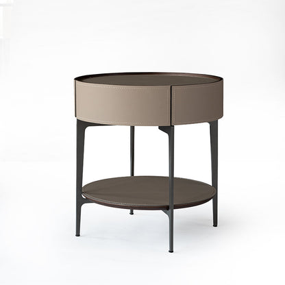 Contemporary Creative Saddle Leather Side Table - Round Metal Legs 1 Drawers Nightstand For Bedroom