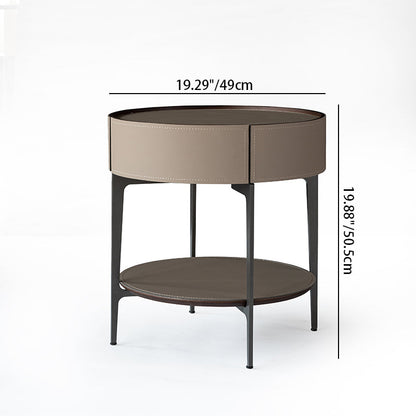 Contemporary Creative Saddle Leather Side Table - Round Metal Legs 1 Drawers Nightstand For Bedroom