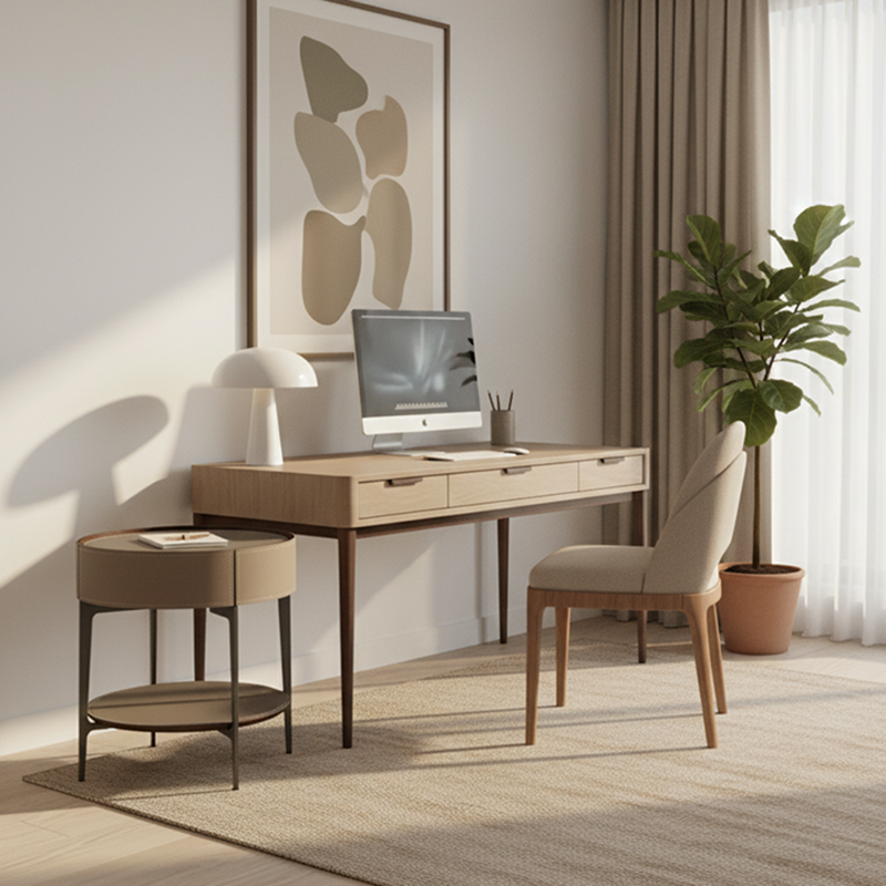 Contemporary Creative Saddle Leather Side Table - Round Metal Legs 1 Drawers Nightstand For Bedroom