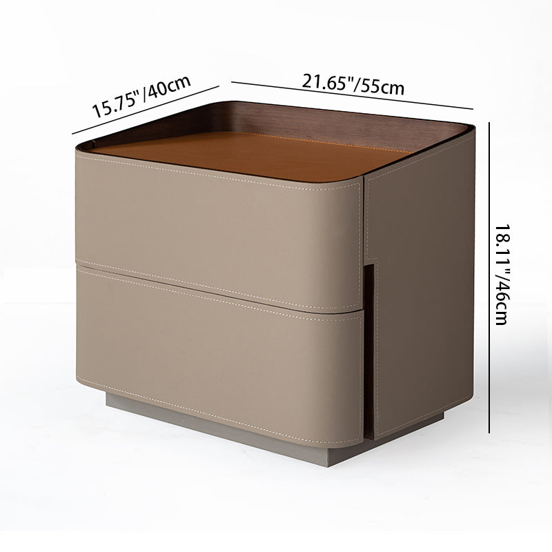 Modern Luxury Faux Saddle Leather Side Table - Soft-Edge Square 2 Drawers Nightstand For Bedroom