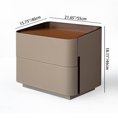 Modern Luxury Faux Saddle Leather Side Table - Soft-Edge Square 2 Drawers Nightstand For Bedroom