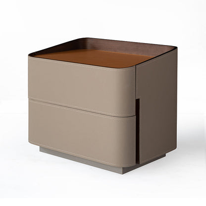 Modern Luxury Faux Saddle Leather Side Table - Soft-Edge Square 2 Drawers Nightstand For Bedroom
