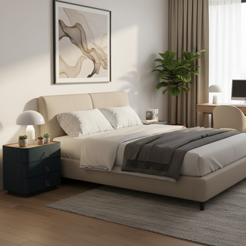 Modern Luxury Rounded Corner Curved Side Table - Faux Saddle Leather 3-Drawer Nightstand For Bedroom