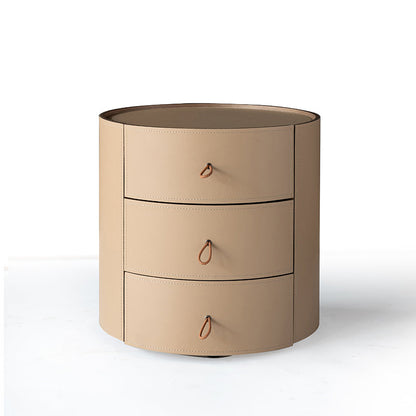 Contemporary Beige Faux Saddle Leather Bedside Table - Cylinder Round 3 Drawers Nightstand For Bedroom