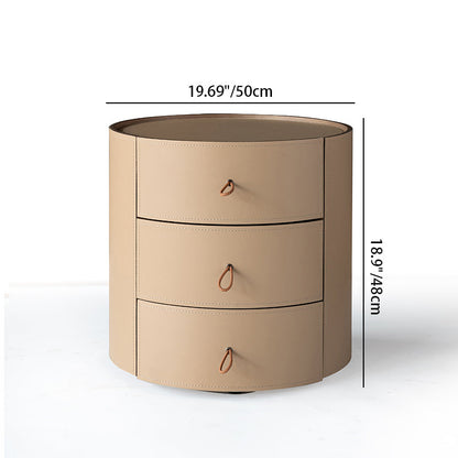 Contemporary Beige Faux Saddle Leather Bedside Table - Cylinder Round 3 Drawers Nightstand For Bedroom