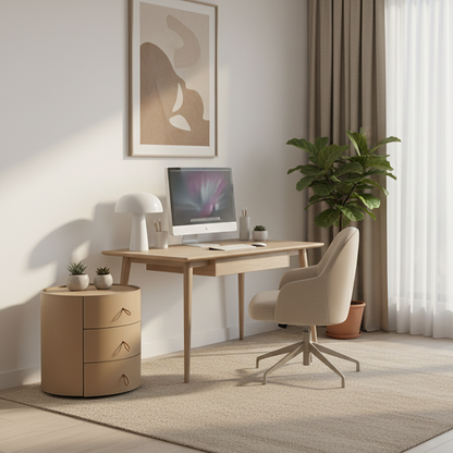 Contemporary Beige Faux Saddle Leather Bedside Table - Cylinder Round 3 Drawers Nightstand For Bedroom