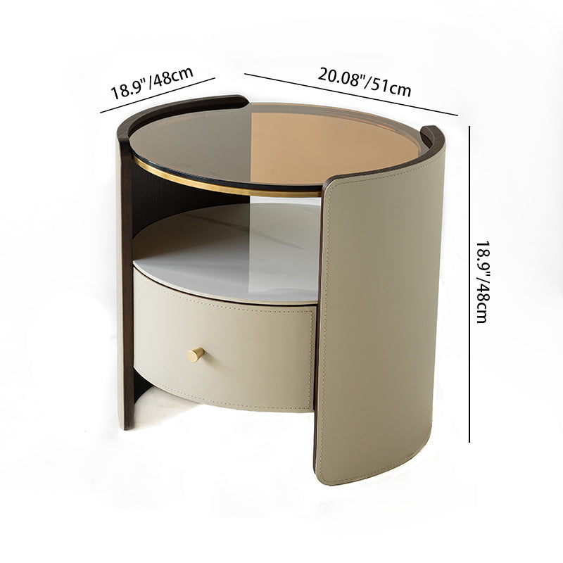 Contemporary Scandinavian Round Floating Side Table - Wrapped Saddle Leather Nightstand 1 Drawer For Bedroom