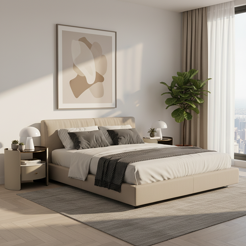 Contemporary Scandinavian Round Floating Side Table - Wrapped Saddle Leather Nightstand 1 Drawer For Bedroom