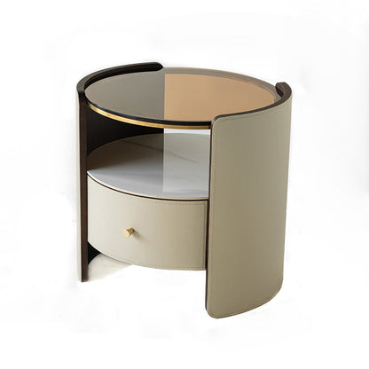 Contemporary Scandinavian Round Floating Side Table - Wrapped Saddle Leather Nightstand 1 Drawer For Bedroom