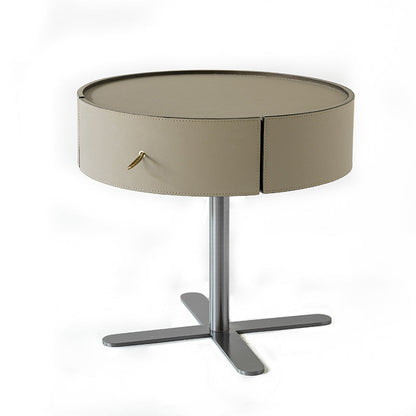 Contemporary Round Floating Nightstand With 1 Drawer - Faux Saddle Leather Bedside Table For Bedroom