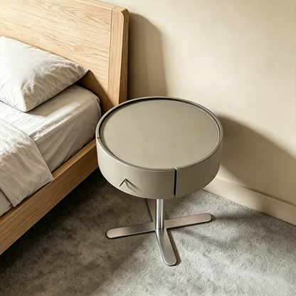 Contemporary Round Floating Nightstand With 1 Drawer - Faux Saddle Leather Bedside Table For Bedroom