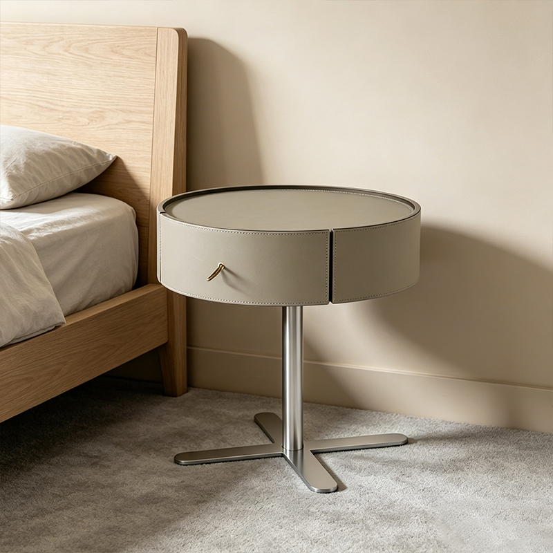 Contemporary Round Floating Nightstand With 1 Drawer - Faux Saddle Leather Bedside Table For Bedroom