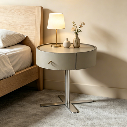 Contemporary Round Floating Nightstand With 1 Drawer - Faux Saddle Leather Bedside Table For Bedroom
