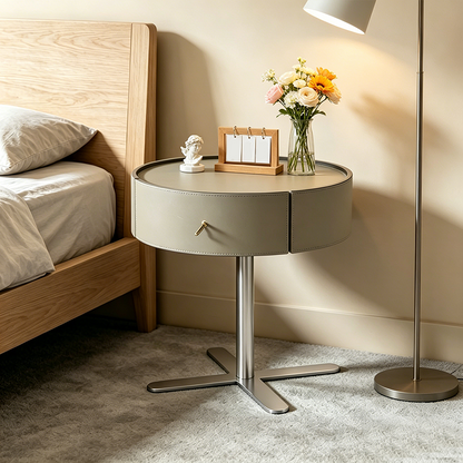 Contemporary Round Floating Nightstand With 1 Drawer - Faux Saddle Leather Bedside Table For Bedroom