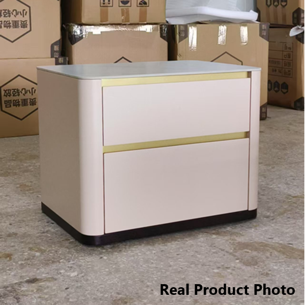 Modern Cream Rounded Corners Bedside Table - Sintered Stone 2 Drawer Nightstand For Bedroom