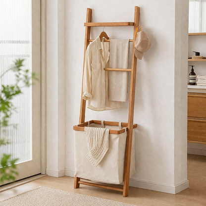 Modern Minimalist Solid Cherry Wood Fabric Rectangular Garment Rack Multi-Function Hall Tree With Laundry Basket For Living Room & Bedroom & Bathroom