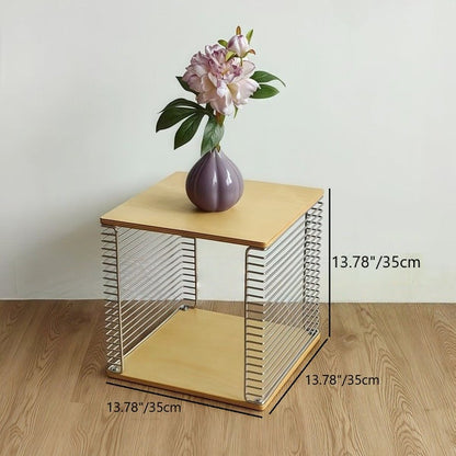 Contemporary Scandinavian Solid Wood Plywood Stainless Steel Square Hollow End Table 2-Tier For Living Room