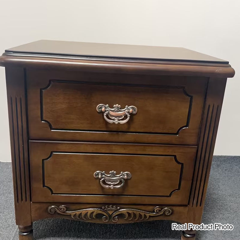 Traditional Vintage Rectangular Solid Wood MDF Nightstand 2-Drawer For Bedroom