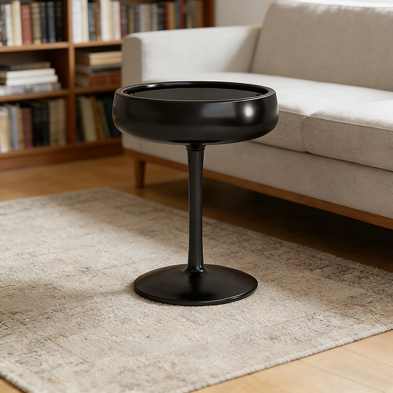 Contemporary Creative Fiberglass Wine Glass Shape Round Side Table With Tempered Glass Top 2-Tier Storage For Living Room & Bedroom