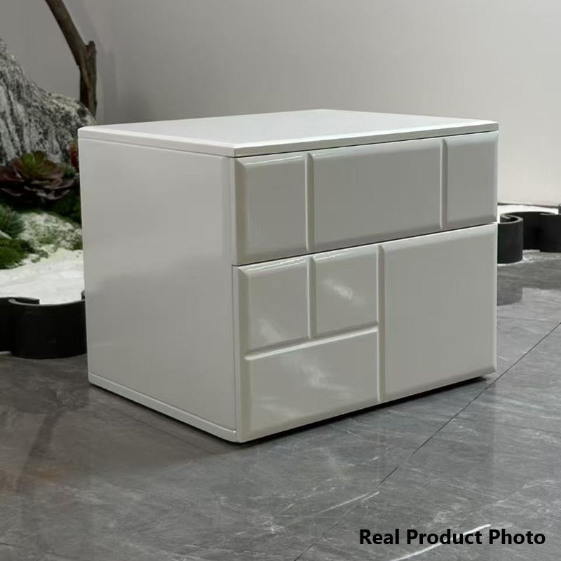 Modern Minimalist High-Gloss White Bedside Cabinet - 2 Drawer Geometric Texture Nightstand For Bedroom