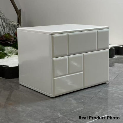 Modern Minimalist High-Gloss White Bedside Cabinet - 2 Drawer Geometric Texture Nightstand For Bedroom