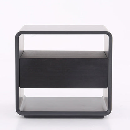 Modern Minimalist Black Lacquer Bedside Table: Wood Veneer Single Drawer - Elegant Open Cubby Storage Nightstand For Bedroom