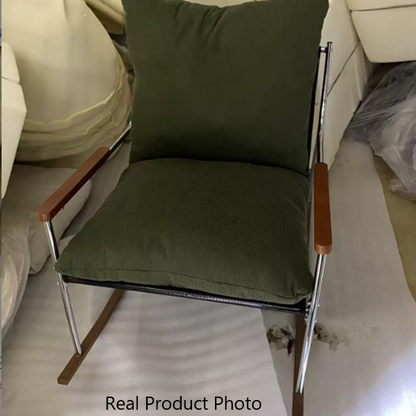 Contemporary Scandinavian Corduroy Metal Solid Wood Curved Square Rocking Chair With Backrest Armrests For Living Room