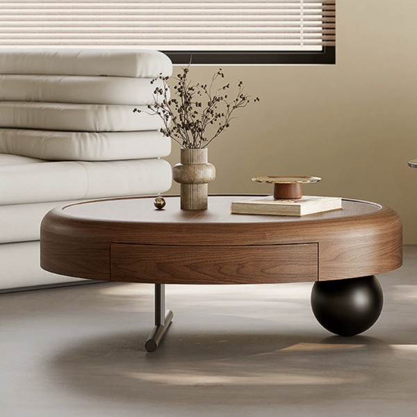 Traditional French Walnut Veneer Tempered Glass Carbon Steel Stainless Steel Round Coffee Table 1-Tier For Living Room