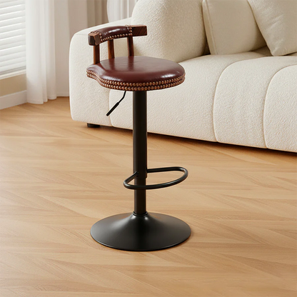 Contemporary Luxury Round Faux Oil-Waxed Leather Iron Bar Stool Backrest Footrest For Dining Room