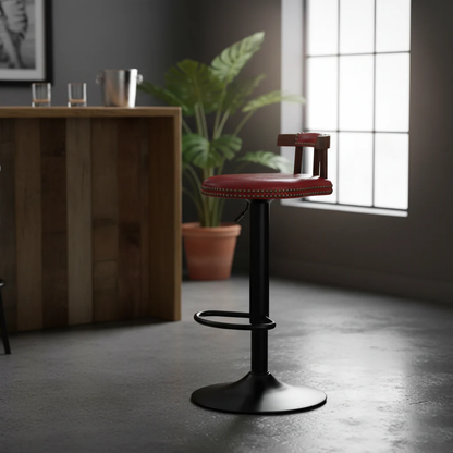Contemporary Luxury Round Faux Oil-Waxed Leather Iron Bar Stool Backrest Footrest For Dining Room