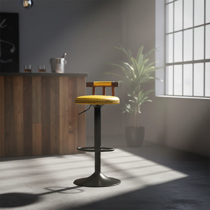 Contemporary Luxury Round Faux Oil-Waxed Leather Iron Bar Stool Backrest Footrest For Dining Room