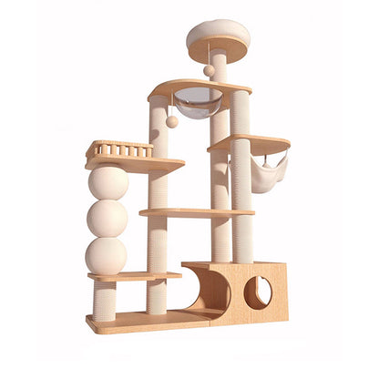 Contemporary Scandinavian Rectangular Rubberwood Plywood Pine Wood Pillar Velvet Fabric Hemp Rope Acrylic Cat Tree 3-Condo 5-Perch For Bedroom